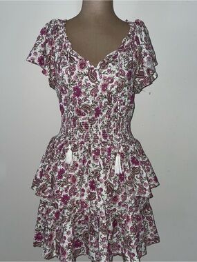 Floral Smocked Tiered Dress in White and Magenta -RAYON‎ -XS